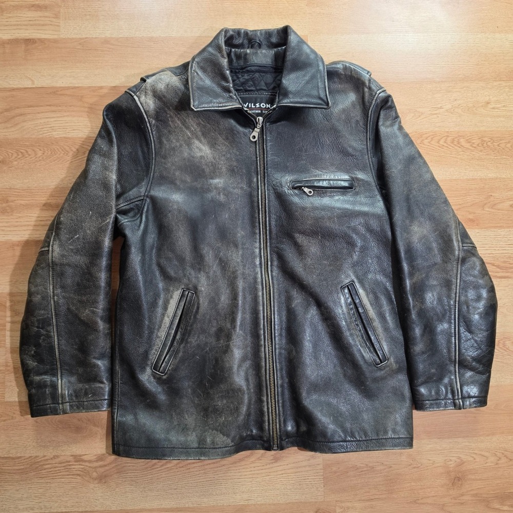 Vintage 90s Wilsons Leather Jacket M Black Thinsulate Moto Biker Distressed